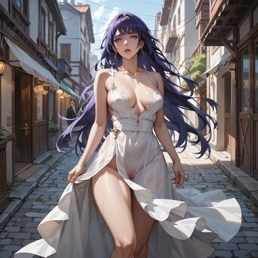 Raiden from Genshin Impact, she is walking down the street in a long white dress on her naked body, a strong wind blows the hem of her dress up revealing a view of her pussy, she tries to cover herself with her hands