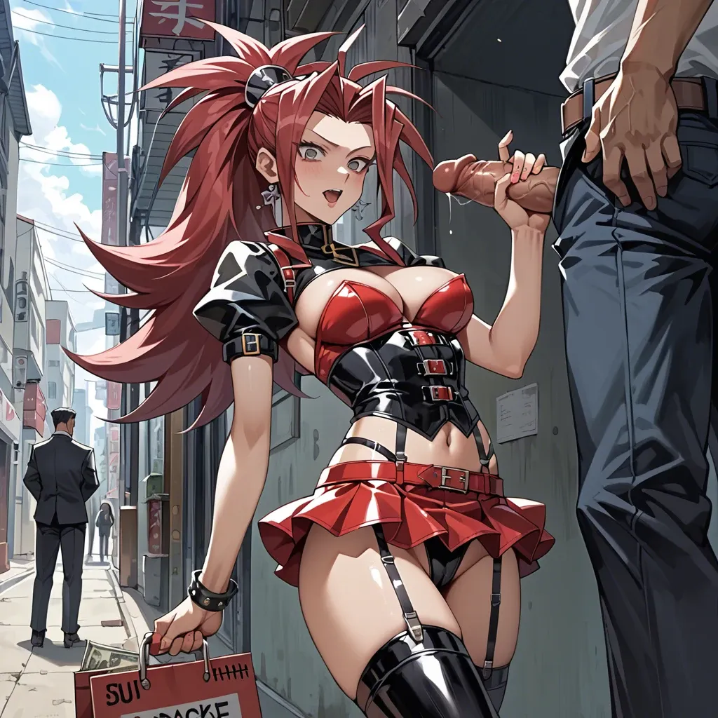 Akiza Izinski, yu-gi-oh anime, prostitute slut in sexy pose, prostituting herself, handjob, white tight blouse underboobs, blavk leather corset,  garter belt,  black latex long socks,  red latex micro skirt,  open crotch panties, nipple piercing, pubic hair, clitoris piercing, red platform high heels, in a street