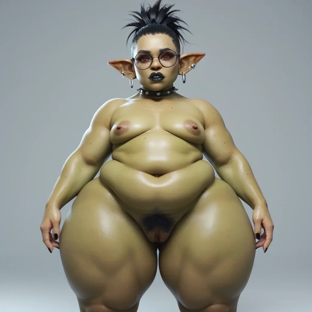 3d, goth goblin, flat chest, hyper lips, (hyper pumped pussy), obese, round black glasses, dark green skin, red eyes, hyper thighs, naked, black lipstick, (pubic hair trail), black punk hair