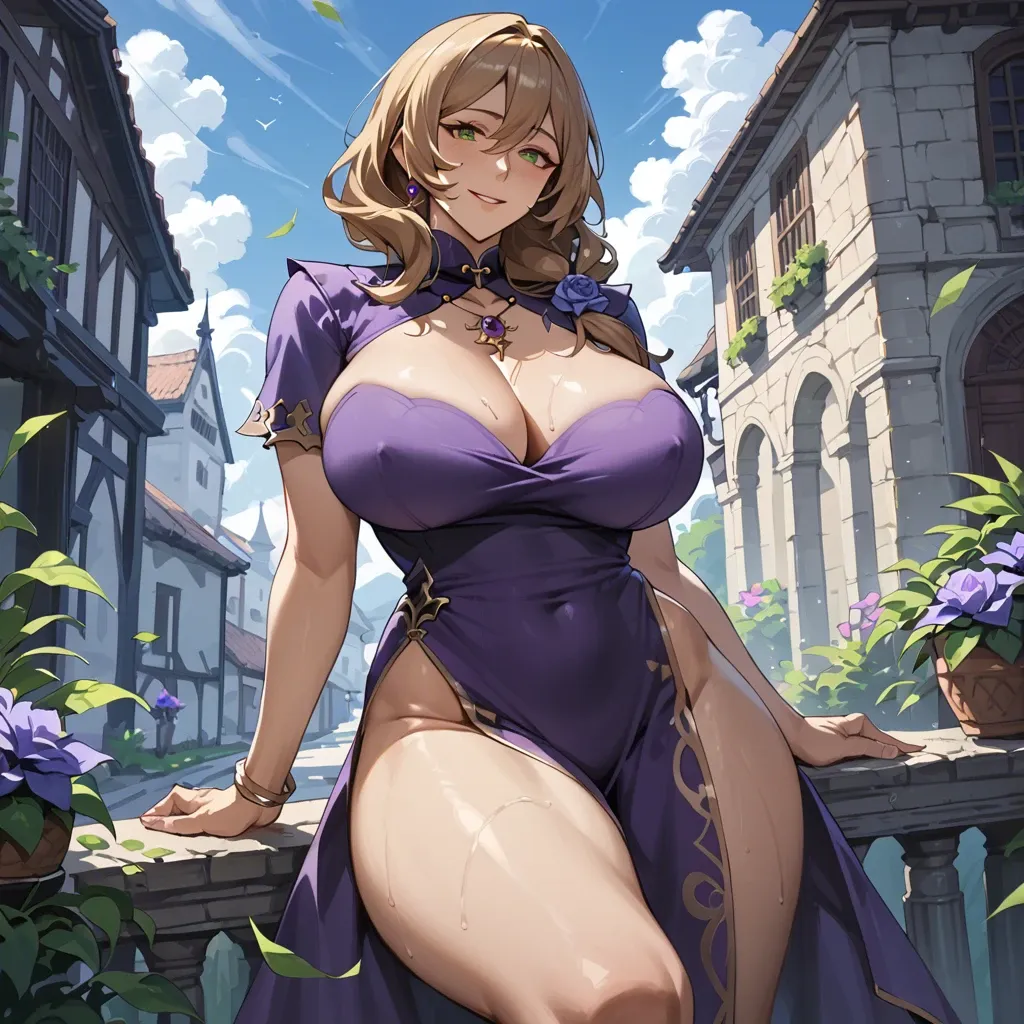 Lisa (Genshin), blonde, green eyes, huge breasts, wide hips, big thighs, purple casual dress, smiling