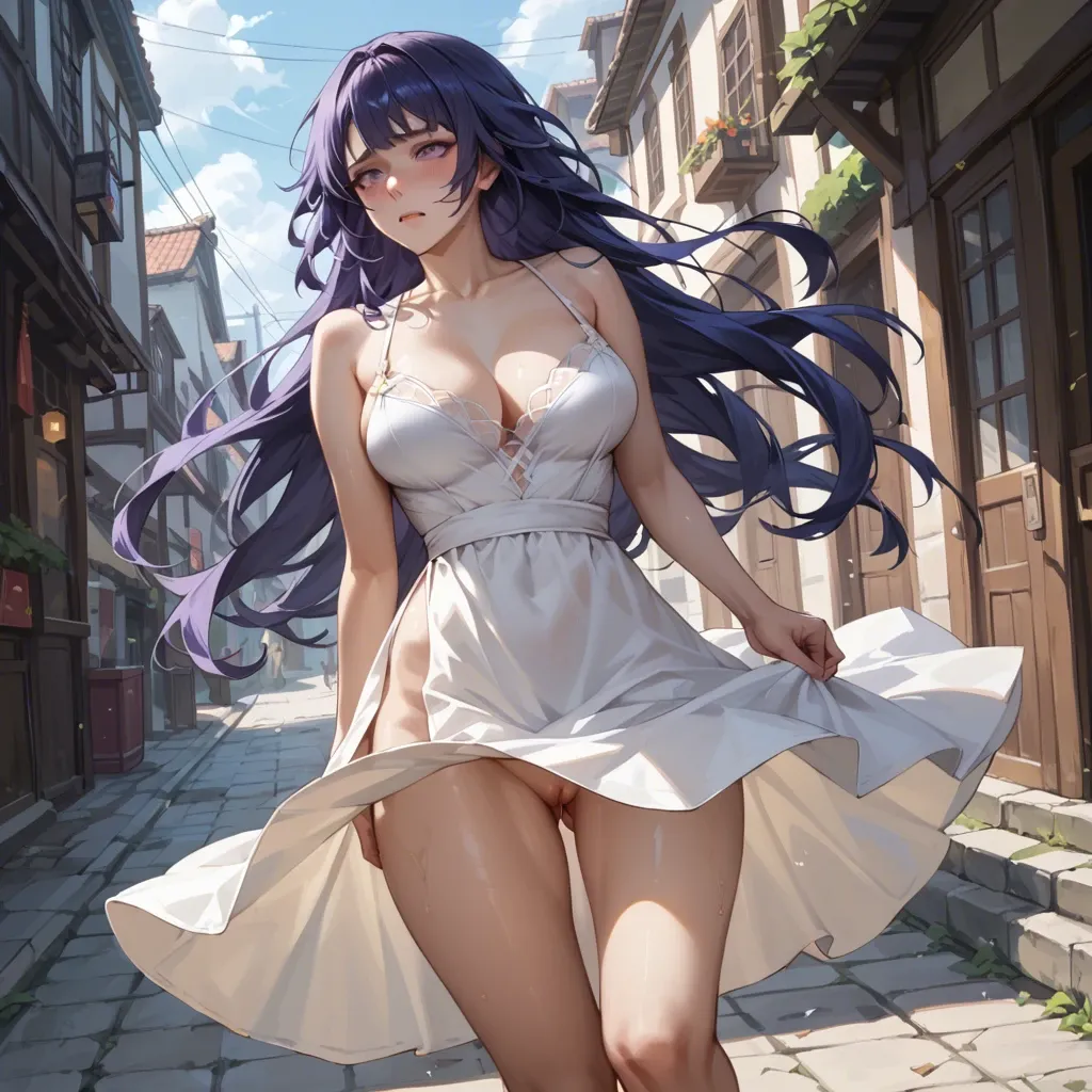 Raiden from Genshin Impact, she is walking down the street in a white dress with a long skirt on her naked body, a strong wind blows up the dress revealing a view of her pussy, she is very embarrassed and tries to pull the dress down with her hands