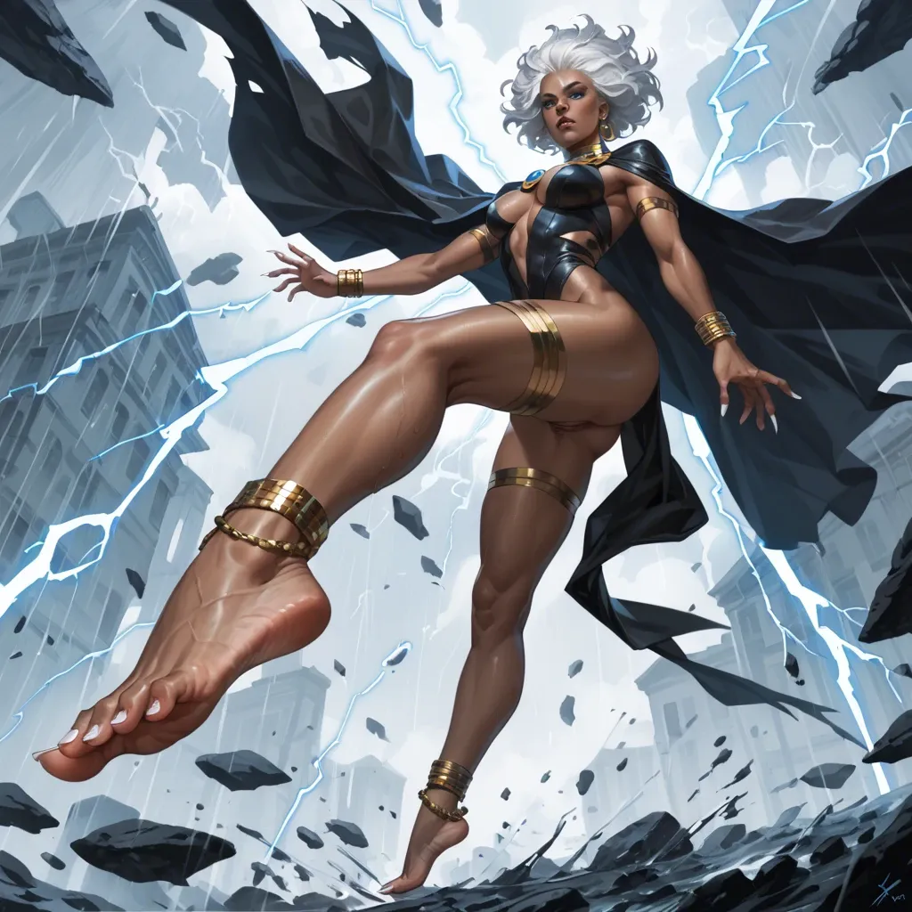 ororo munroe, sharp toe nail,long toe nails, clawed feet, anklets,african woman,white hair,blue eyes,x-men,storm/lightning powers,floating,standing,foot focus,black thigh suit,cape,white toenails,long hair,foot fetish,perfect ass,goddess,foot worship,smirk