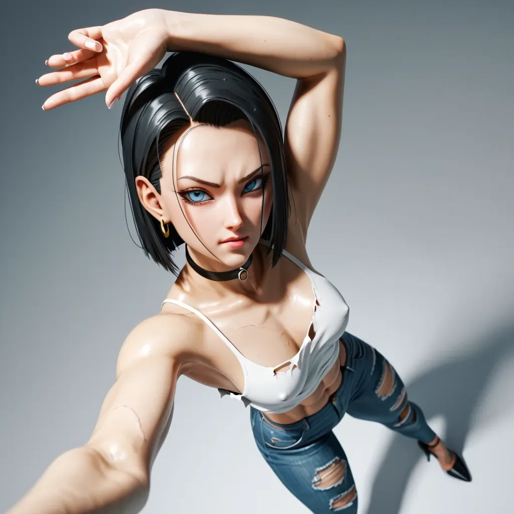 1femboy,3d, Android 17 (dragon ball z),veiny penis ,pretty boy, provocative,brunette, ripped jeans,rubberized, arms up,horny face, choker,high angle selfie,posing