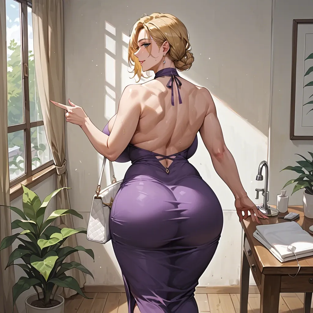 Korean milf, side braid, blonde, green eyes, massive breasts, wide hips, big thighs, purple dress, back view, smiling, white purse, bye bye gesture, standing, leaving, massage parlor