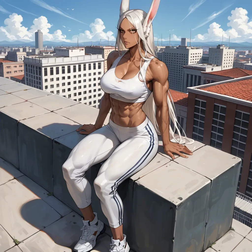 Miruko, voluptuous, sitting on the edge of building, rooftop, do not show hands, abs, full clothing