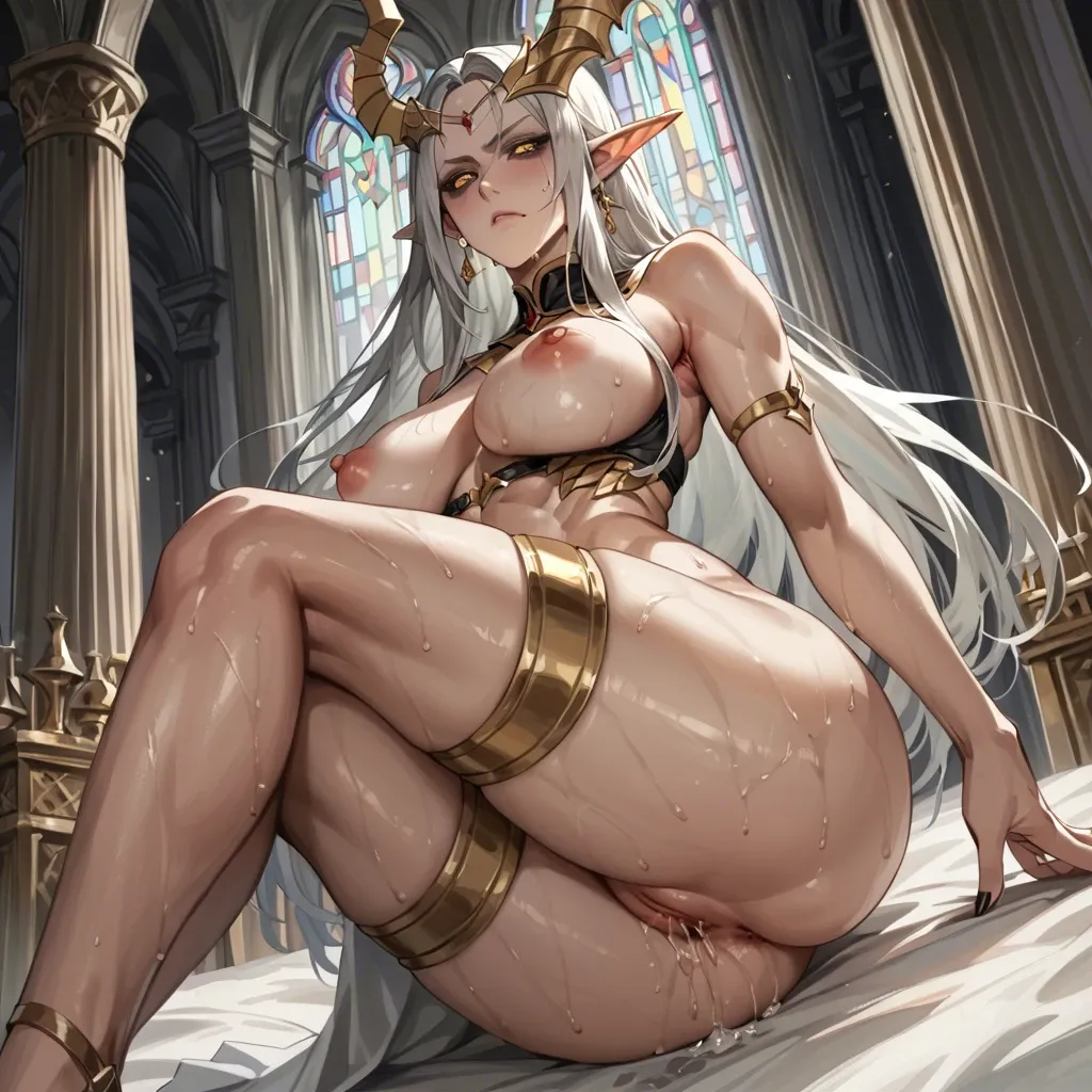 Empress Elf gold eyes black sclera sweaty athletic abs thigh band large breasts pussy juice one leg raised castle interior armpit focus detailed armpit bored face rear view detailed back from behind from below ribs large ass lying on stomach painted nails ass focus foot fetish