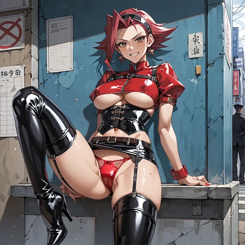 Akiza Izinski, yu-gi-oh anime, prostitute slut in sexy pose, prostituting herself, smiling, white tight blouse underboobs, leather corset,  garter belt,  black latex long socks,  red latex micro skirt,  open crotch panties, nipple piercing, pubic hair, clitoris piercing, red platform high heels, in a street