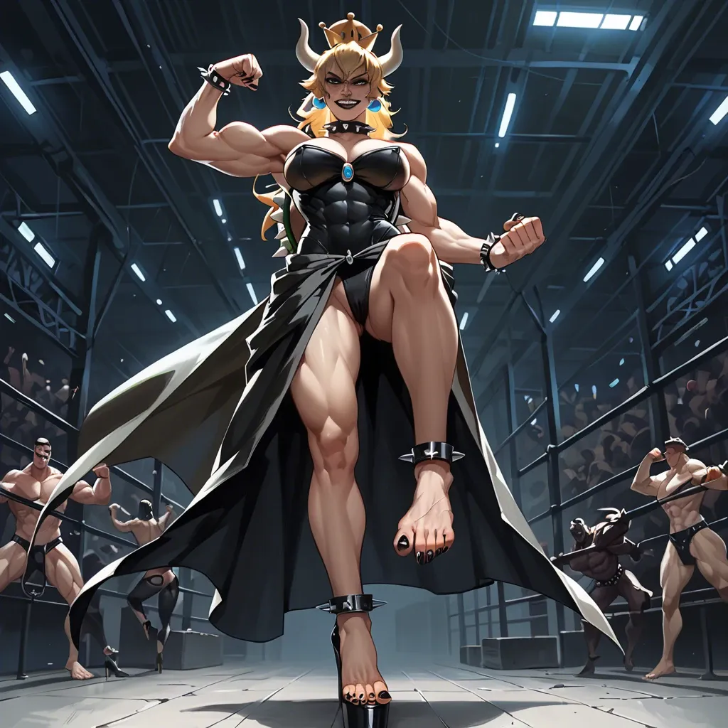 Bowsette,very muscular woman,flexing,black makeup,black lips,sharp toenails, long toe nails, clawed feet,spiked collar,spiked anklets,standing,smirk,dominatrix,foot focus,looking down at viewer,high heels,