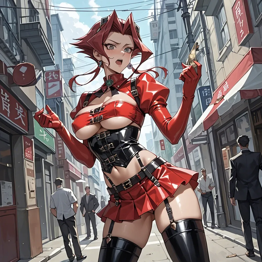 Akiza Izinski, yu-gi-oh anime, prostitute slut in sexy pose, prostituting herself, titjob, white tight blouse underboobs, blavk leather corset,  garter belt,  black latex long socks,  red latex micro skirt,  open crotch panties, nipple piercing, pubic hair, clitoris piercing, red platform high heels, in a street