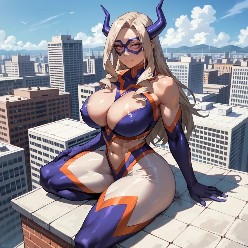 1 girl, mount lady (my hero academia), seductive face, marked pupils, briiliant eyes, sitting on the edge of building, rooftop, do not show hands, abs, massive ass, huge breast, ultra High definition, full clothing, close up upper body