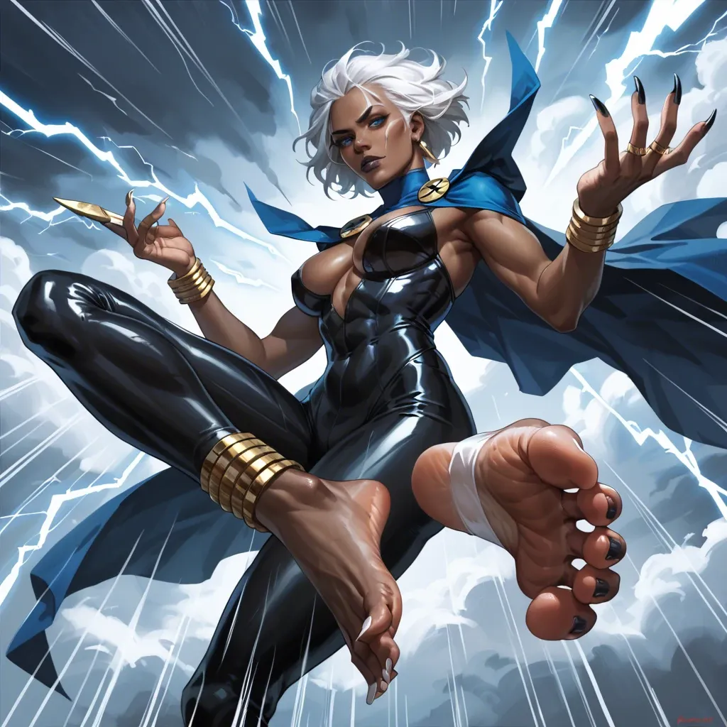 ororo munroe, sharp toe nail,long toe nails, clawed feet, anklets,african woman,white hair,blue eyes,x-men,storm/lightning powers,floating,standing,foot focus,black thigh suit,cape,