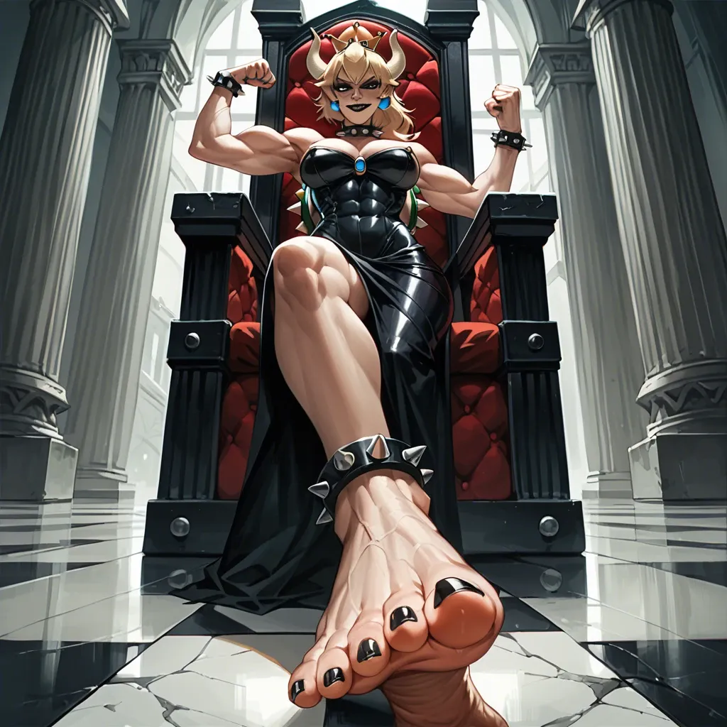 Bowsette,very muscular woman,flexing,black makeup,black lips,sharp toenails, long toe nails, clawed feet,spiked collar,spiked anklets,standing,smirk,dominatrix,foot focus,looking down at viewer,throne,non deformed feet.