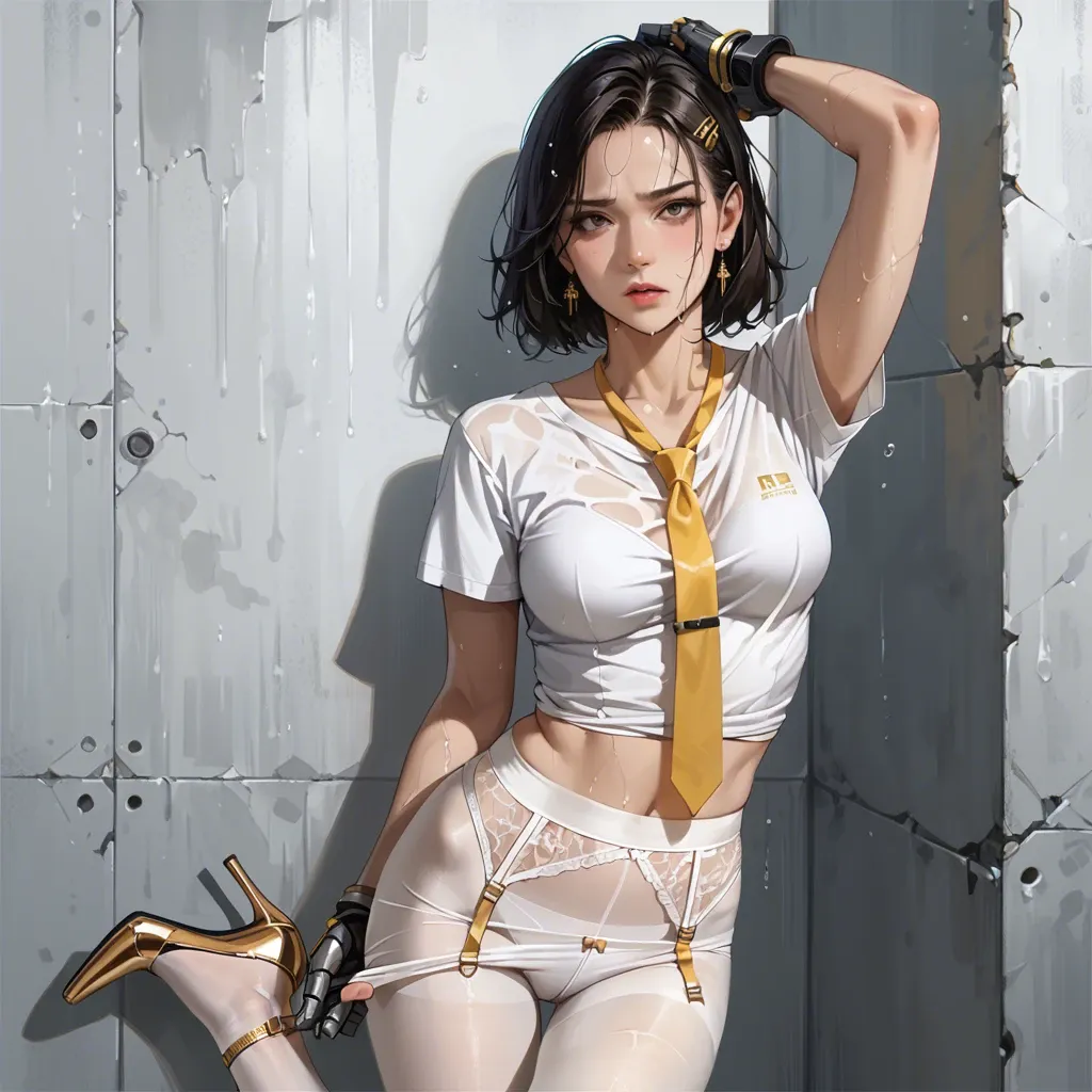 1girl,solo, , , , detailed irises,mechanical arm,medium breasts,from waist up,shoulder, pants pull,white pantyhose,collarbone,lingerie,stiletto heels, white t-shirt,gold anklets,tie clip,wet bra,gothic boots, office dress, city, medieval, sitting on desk, linked, wonder woman, waifu