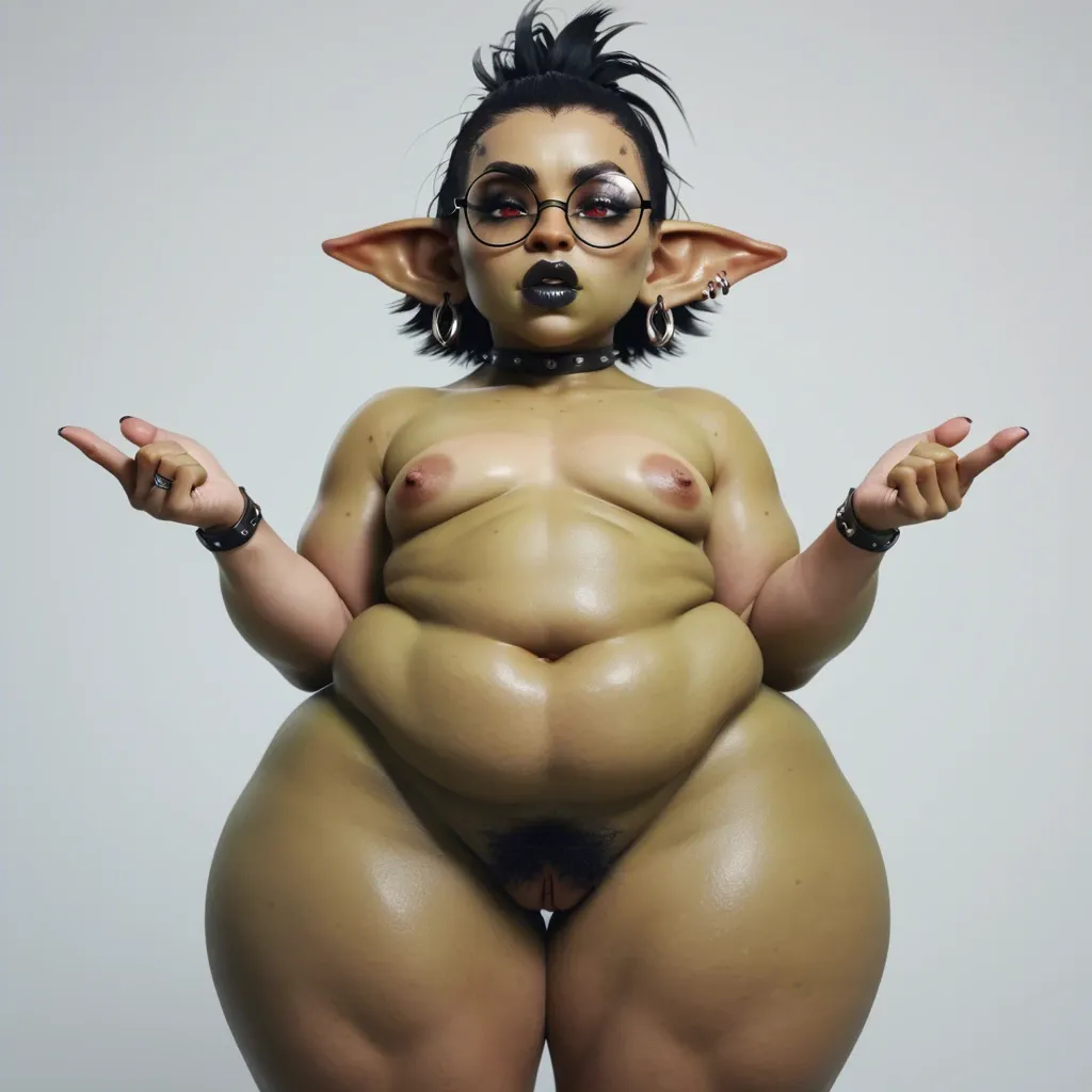 3d, goth goblin, flat chest, hyper lips, (hyper pumped pussy), obese, round black glasses, dark green skin, red eyes, hyper thighs, naked, black lipstick, pubic hair, black punk hair