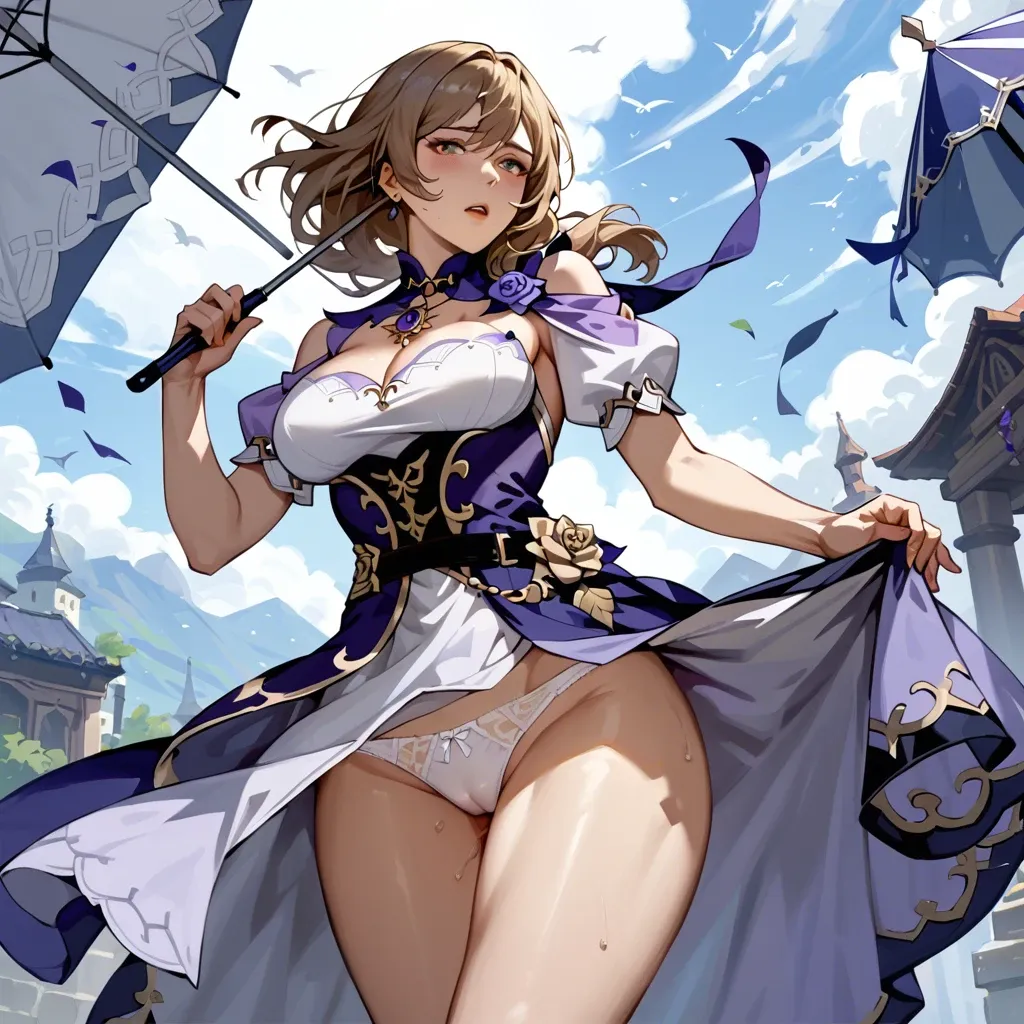 Lisa from Genshin Impact is dressed in a purple dress, posing outside with an umbrella in her hands, the wind blowing the hem of her dress revealing a view of the white panties underneath