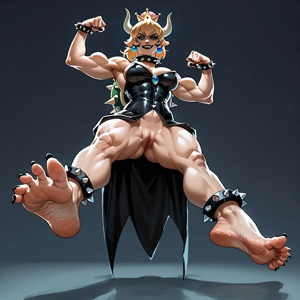 Bowsette,very muscular woman,flexing,black makeup,black lips,sharp toenails, long toe nails, clawed feet,spiked collar,spiked anklets,standing,smirk,dominatrix,foot focus,looking down at viewer,