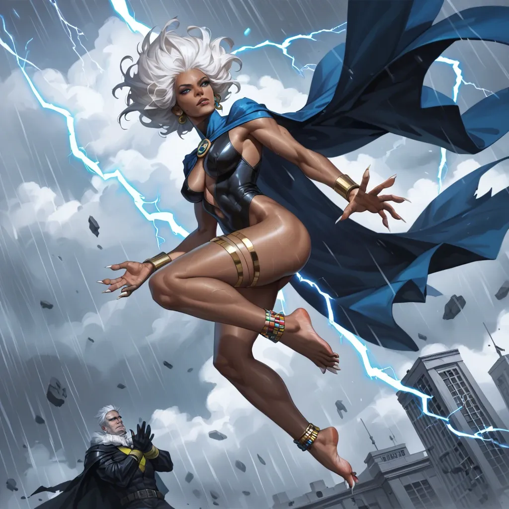 ororo munroe, sharp toe nail,long toe nails, clawed feet, anklets,african woman,white hair,blue eyes,x-men,storm/lightning powers,floating,standing,foot focus,black thigh suit,cape,white toenails,