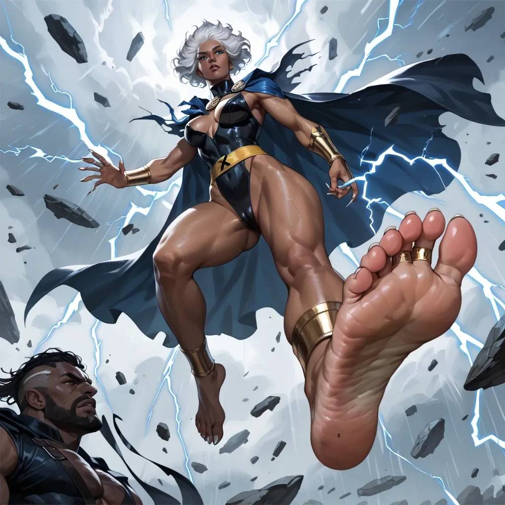 ororo munroe, sharp toe nail,long toe nails, clawed feet, anklets,african woman,white hair,blue eyes,x-men,storm/lightning powers,floating,standing,foot focus,black thigh suit,cape,white toenails,long hair,foot fetish,perfect ass,goddess,foot worship,