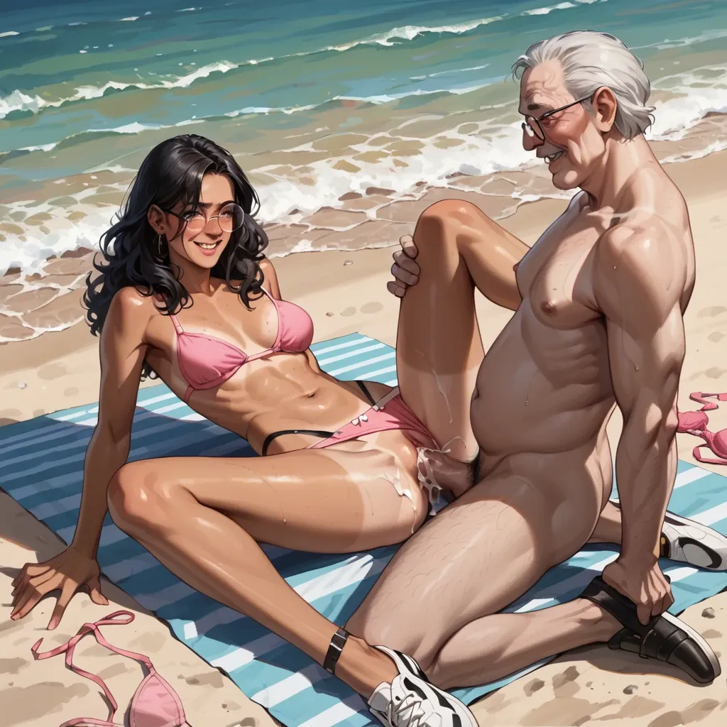 tan line, round glasses, skinny, long black hair, curly, smiling, blushing, freckles, pink bikini, bra removed, breasts uncovered, t-strap shoes, beach, old man, vaginal sex, cum on panties,