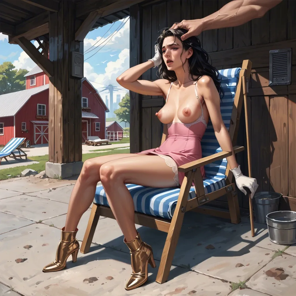 1girl,1boy, , , , nose,detailed hands,big nipples,grabbing head,skinny abdomen, pink dress,gold anklets,white gloves,white lingerie,boots, barn, streets, cyberpunk, pool chairs, wonder , animewoman