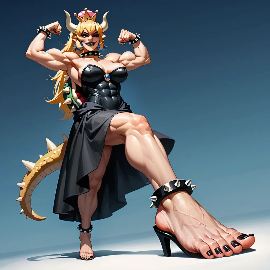 Bowsette,very muscular woman,flexing,black makeup,black lips,sharp toenails, long toe nails, clawed feet,spiked collar,spiked anklets,standing,smirk,dominatrix,foot focus,looking down at viewer, hrone