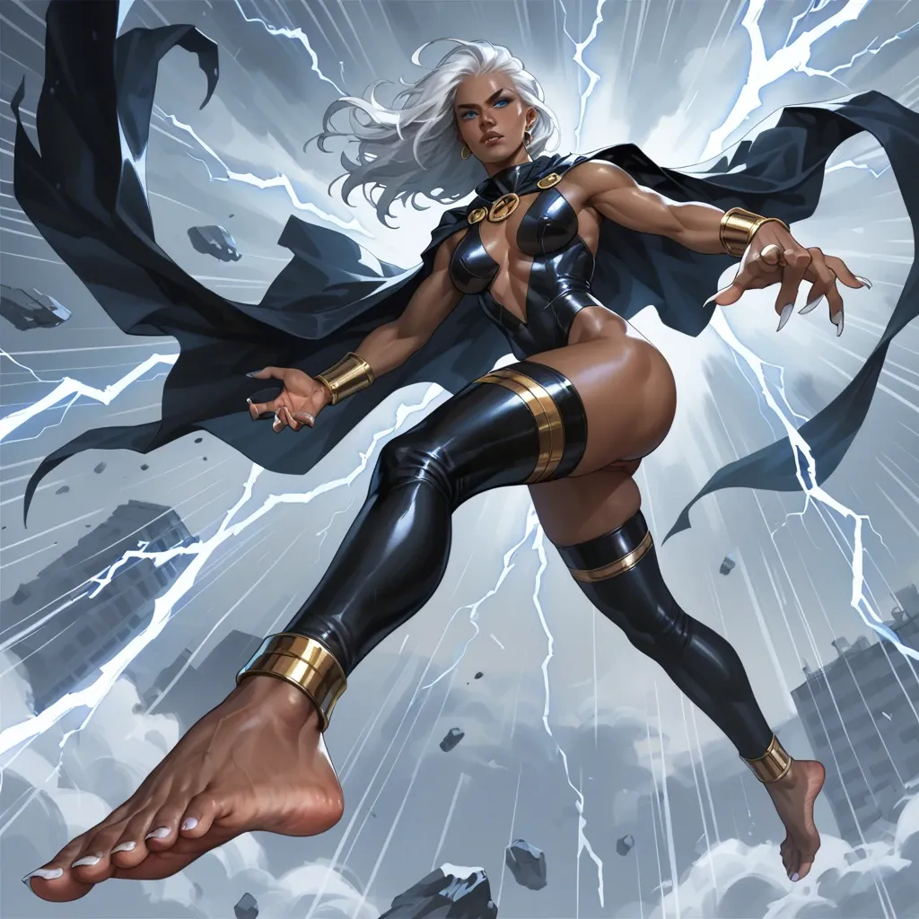 ororo munroe, sharp toe nail,long toe nails, clawed feet, anklets,african woman,white hair,blue eyes,x-men,storm/lightning powers,floating,standing,foot focus,black thigh suit,cape,white toenails,long hair,foot fetish,perfect ass.