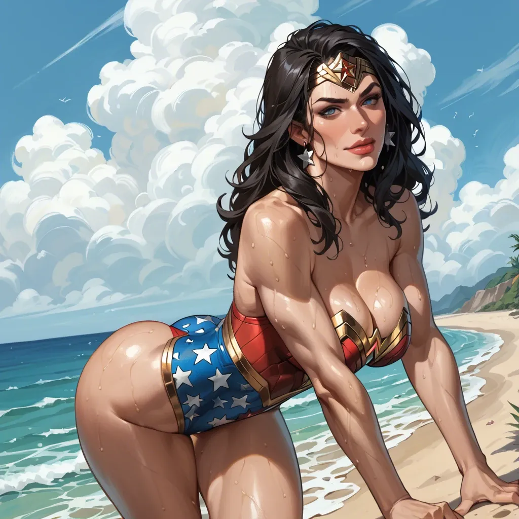 wonder woman in beach, bubble butt, tight clothes, sweating, cleavage, naughty face