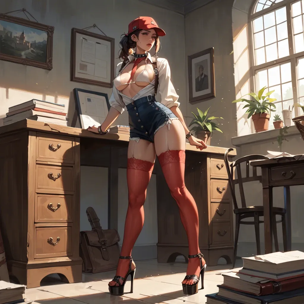 1girl,solo, , , , tie clip,toe,perfect nipples,backlit,skinned, medieval dress,lace stockings,cap,white bikini,sandals, hotpants,red stockings,spiked collar,bikini,platform heels, office dress,leg warmers,big earrings,hand on panties,heels, barn, sparkles, spaceship, anime, nightgown, ariel waifu