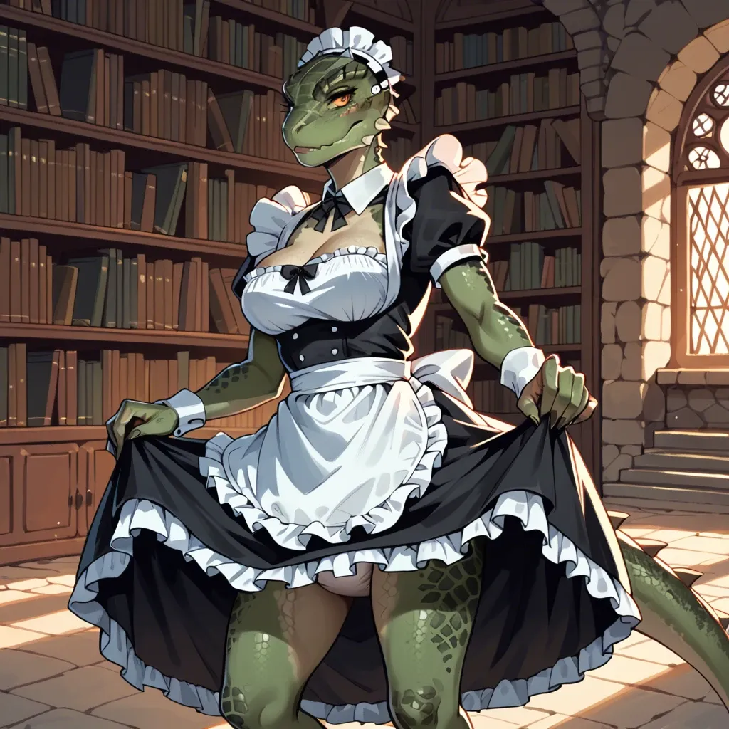 Lusty argonian, maid costume, thick full diaper, cute, skirt lift, stone library