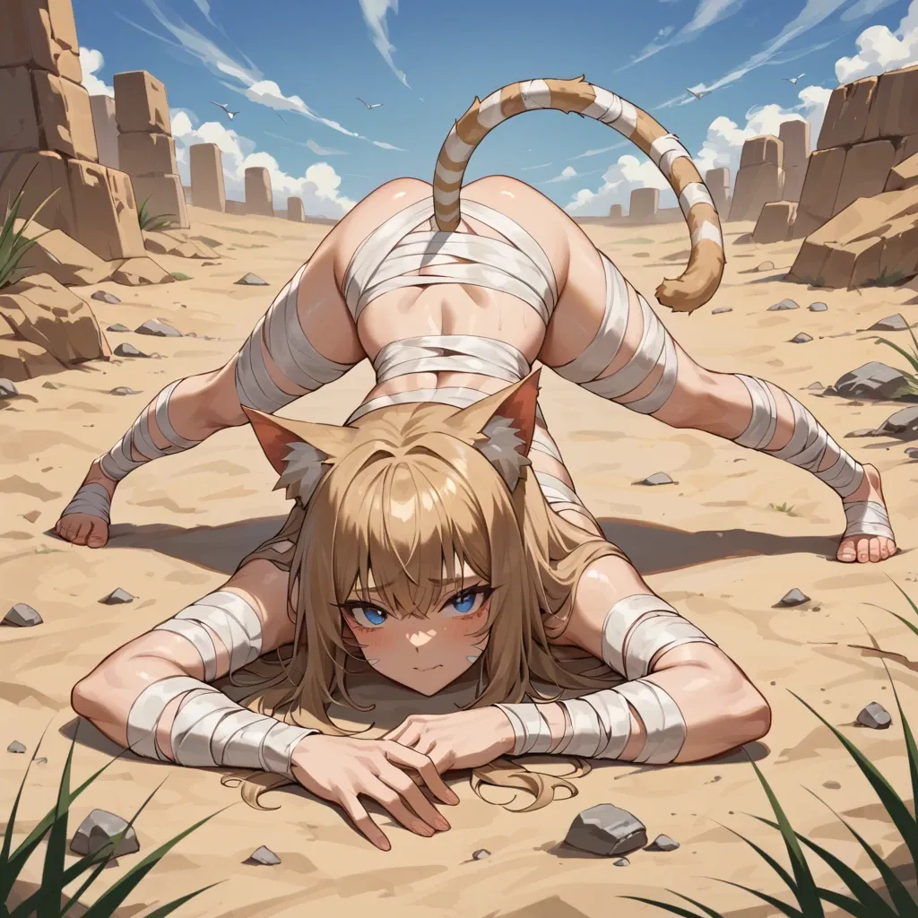 cute anime teen girl The Egyptian Mau catgirl , light brown hair and striped tail, blue eyes, He lies in a sarcophagus in old bandages (like a mummy) Jack-o-pose, In the middle of the desert