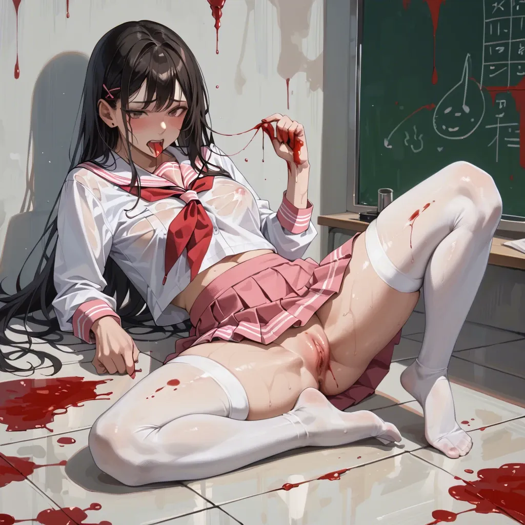 Seifuku pink skirt top and white stockings red paint wet eat dick eat dick