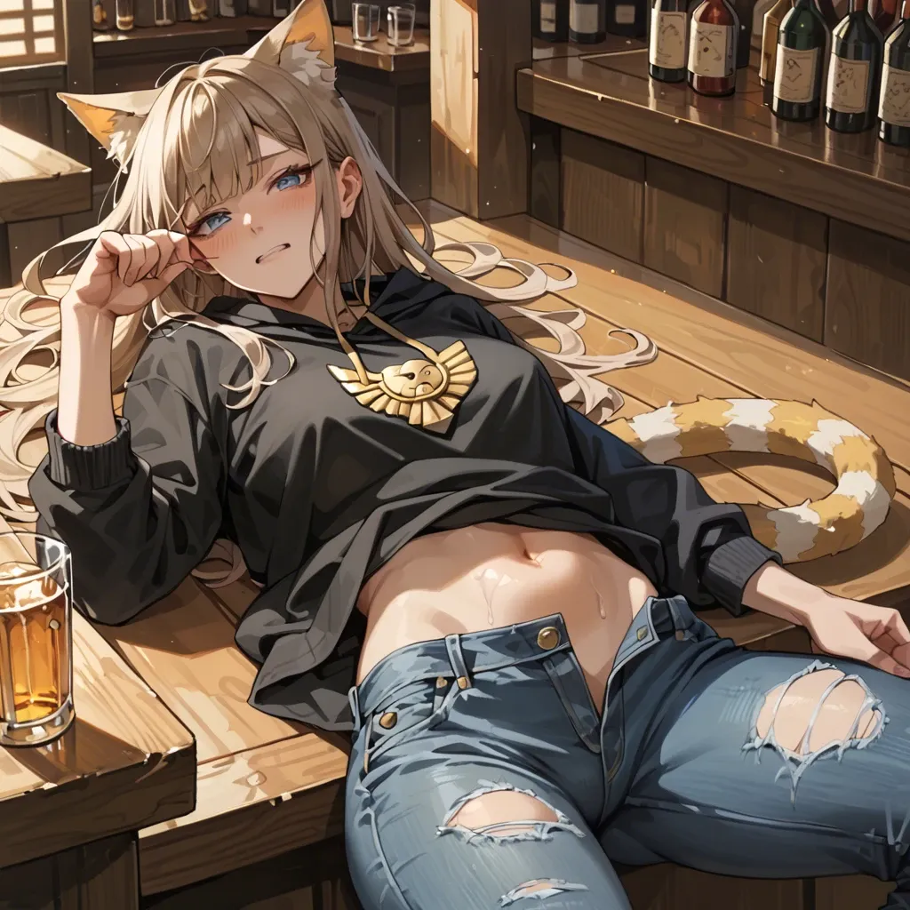 cute anime teen girl The Egyptian Mau catgirl , light brown hair and striped tail, blue eyes, drunk lying in a pub, she is wearing a black sweatshirt with yellow lines and jeans,