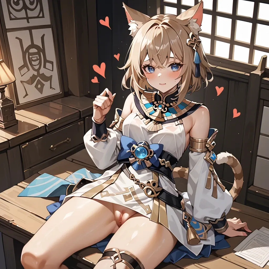 cute anime teen girl The Egyptian Mau catgirl , light brown hair and striped tail, blue eyes, Genshin Impact is sitting in Sitali's clothes from the game and calling to him , hearts are flying next to his head