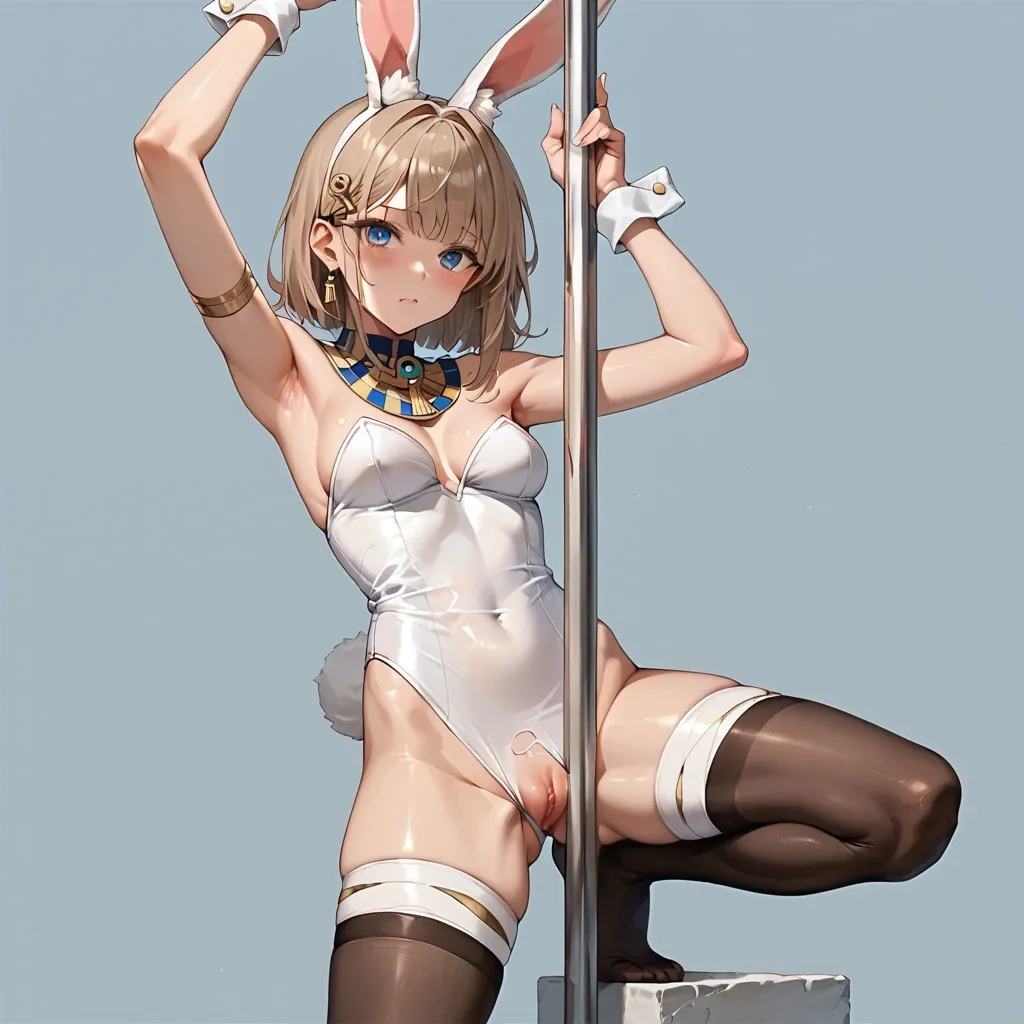 cute anime teen girl The Egyptian Mau catgirl , light brown hair and striped tail, blue eyes, in a rabbit costume at the pole