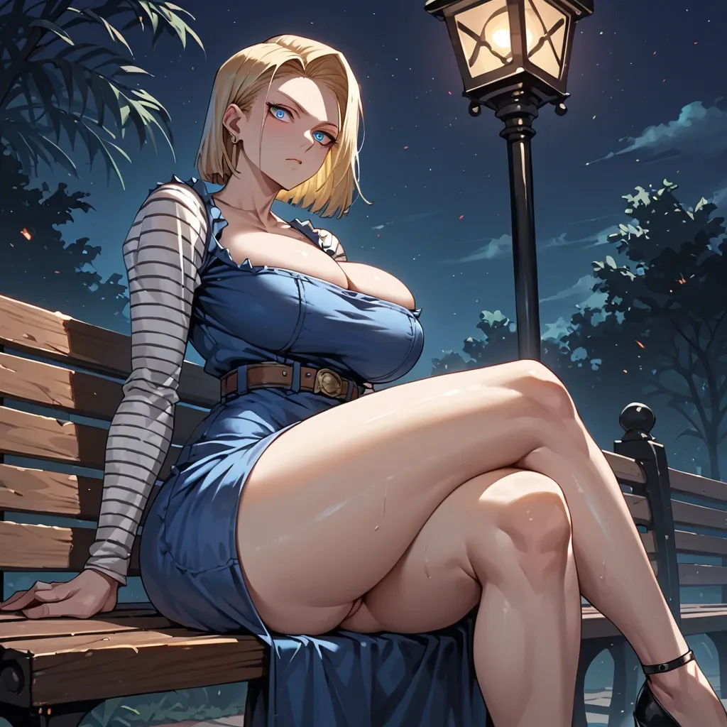 1 girl, android 18, dress, setuctive face, marked pupils, crossed legs, detailed face, night, solo, bench, do not show hands, massive ass, massive breast, High definition