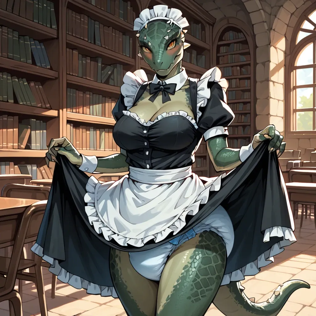 Lusty argonian, maid costume, thick full diaper, cute, skirt lift, stone library, huge boobs, standing, blushing