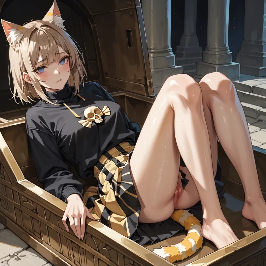 cute anime teen girl The Egyptian Mau catgirl , light brown hair and striped tail, blue eyes,  In the cemetery, she is sitting on a coffin, dressed in a black sweatshirt with yellow stripes, and a long Japanese skirt, with a skull on her legs and hearts in her eyes