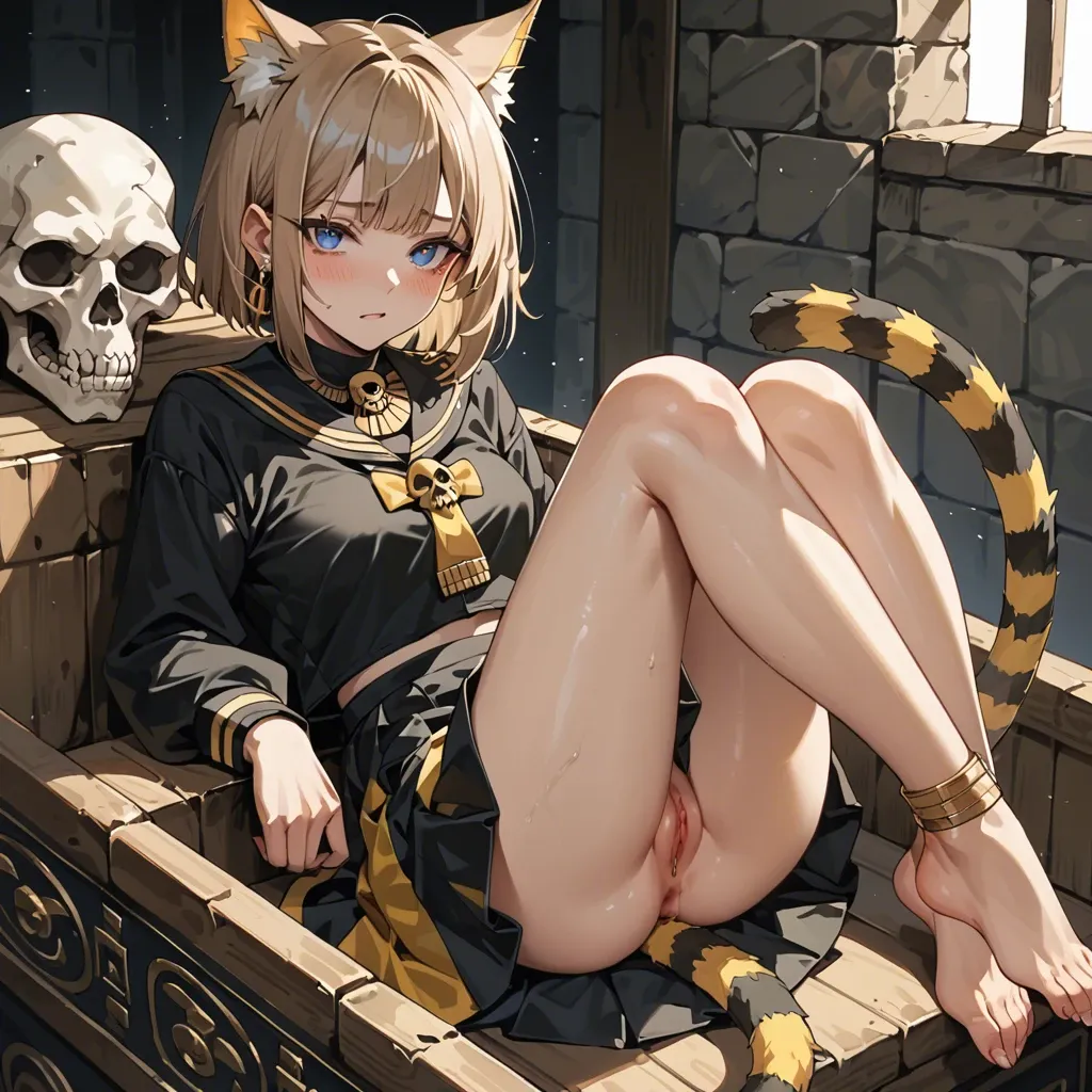 cute anime teen girl The Egyptian Mau catgirl , light brown hair and striped tail, blue eyes,  In the cemetery, she is sitting on a coffin, dressed in a black sweatshirt with yellow stripes, and a long Japanese skirt, with a skull on her legs and hearts in her eyes, black panties