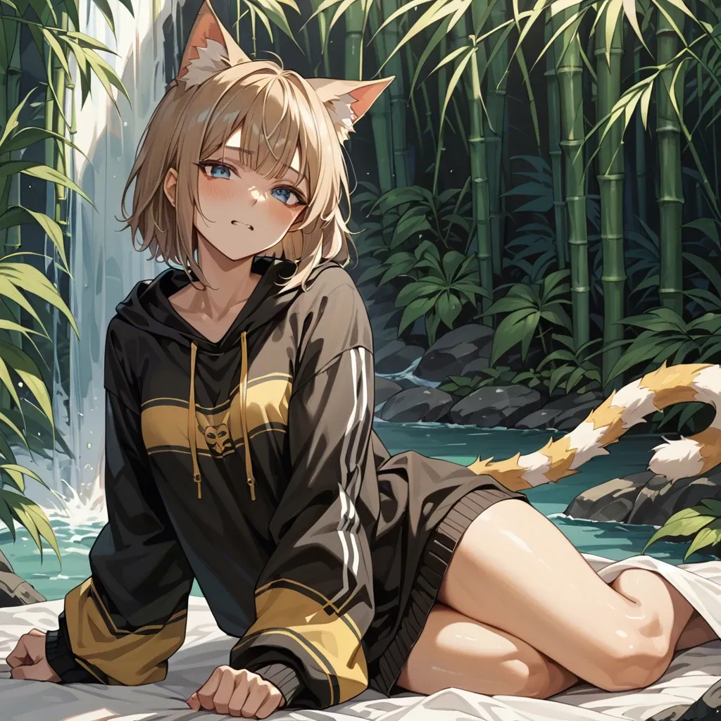 cute anime teen girl The Egyptian Mau catgirl , light brown hair and striped tail, blue eyes, dressed in a black sweatshirt with yellow stripes, and a long Japanese skirt, He lies under a blanket and looks at a waterfall with bamboo