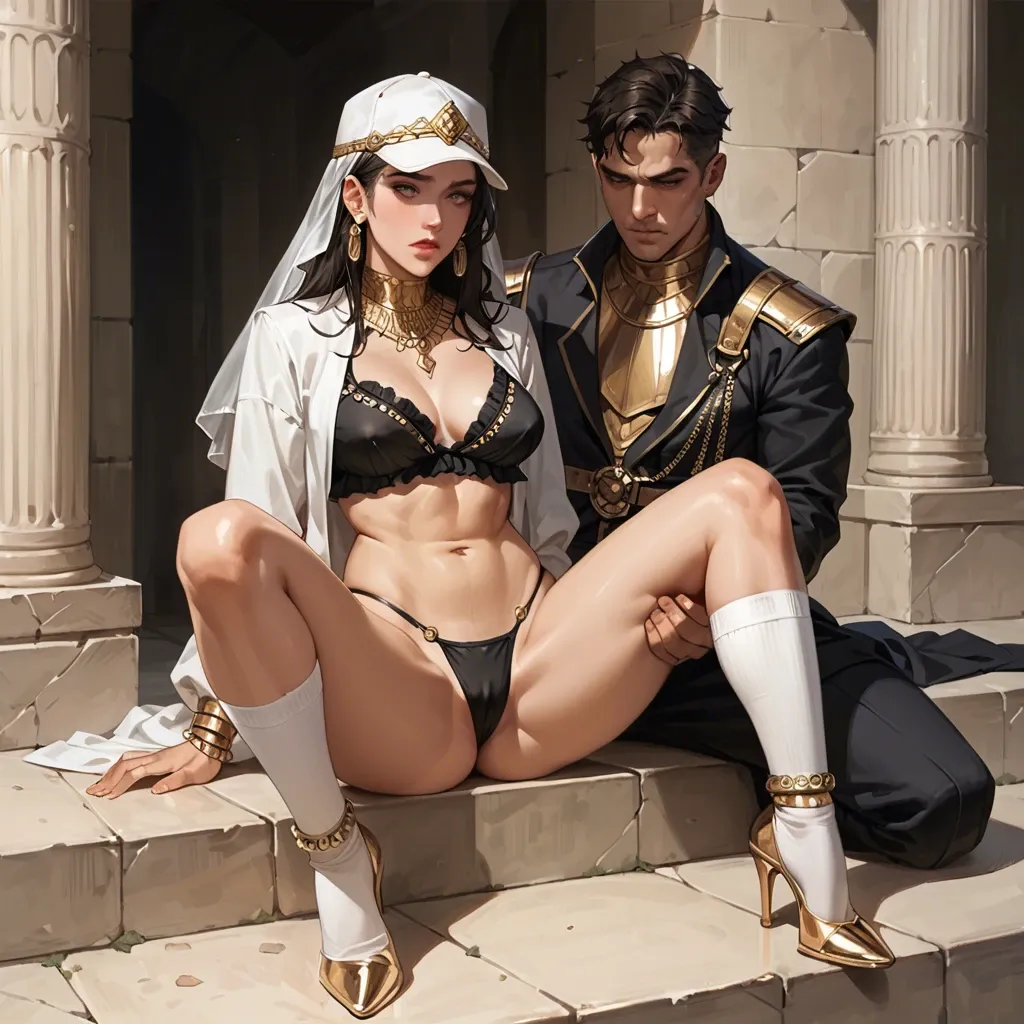 1girl,1boy, , , , lips on nipple,armored,medium tits,arabian clothes,knees apart, half dressed,gold anklets,gold earrings,black thong,heels, open jacket,white socks,cap,frilled bra,white boots, leggings,laces,gold tiara,bikini top lift,gothic boots, barn, jungle, castle, tifa lockhart, spider-gwen, ayanami rei