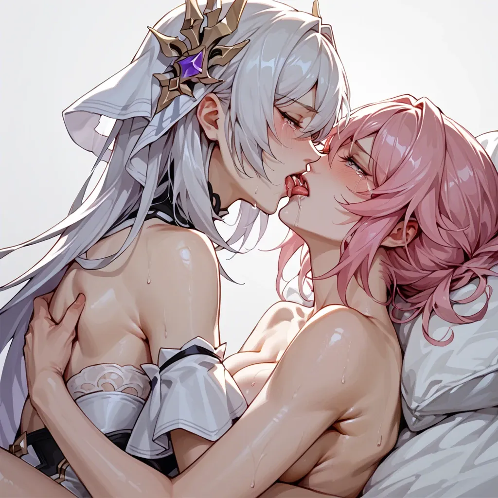 Elysia, pink, honkai, hi3, anime, lesbian, kissing, tribbing, scissoring, lesbian sex, p, hugging, fast, crying, drooling