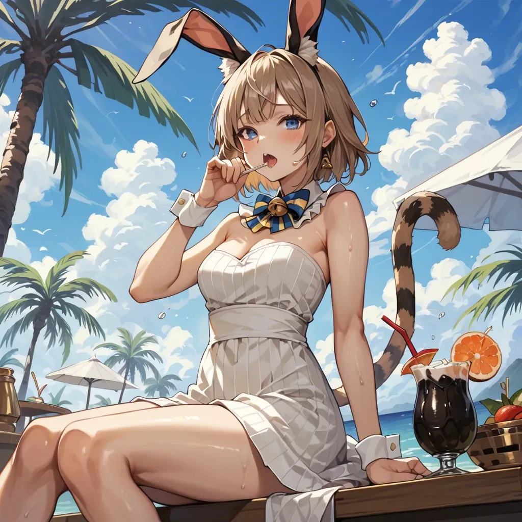 cute anime teen girl The Egyptian Mau catgirl , light brown hair and striped tail, blue eyes, a bell around her neck, dressed in a rabbit costume, sitting on an ottoman, Holding a coconut in which a straw tube