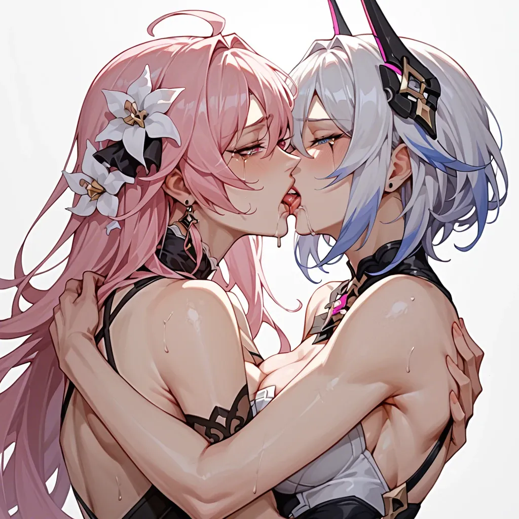 Elysia, pink, honkai, hi3, anime, lesbian, kissing, tribbing, scissoring, lesbian sex, humping, hugging, fast, crying, drooling