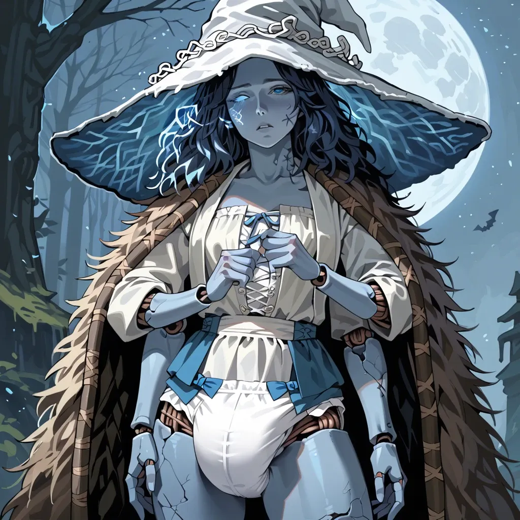 Ranni the witch, doll form, doll joints, blue skin, thick diaper, four arms, elden ring, solo, horny, big boobs, skirt lift