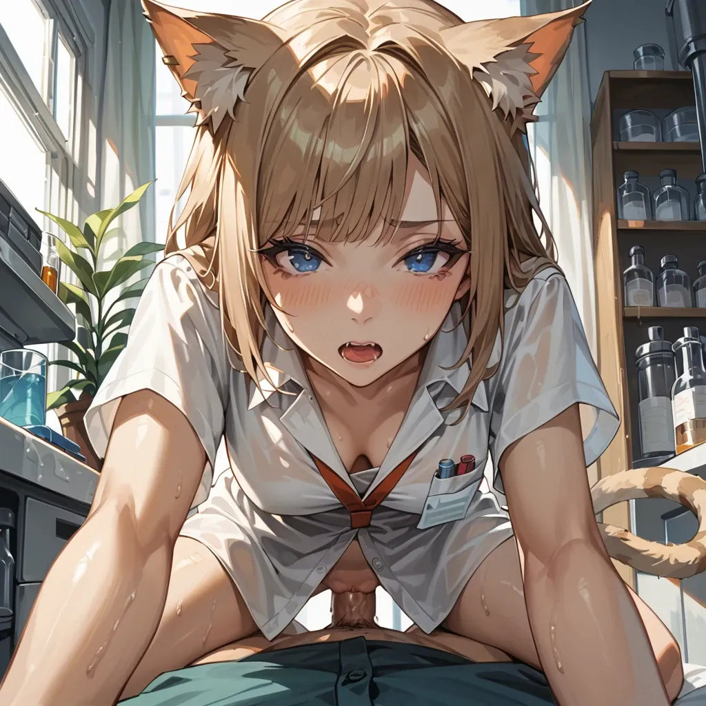 cute anime teen girl The Egyptian Mau catgirl , light brown hair and striped tail, blue eyes, in a scientist's dressing gown, fucked in the lab, male POV, Doggy style