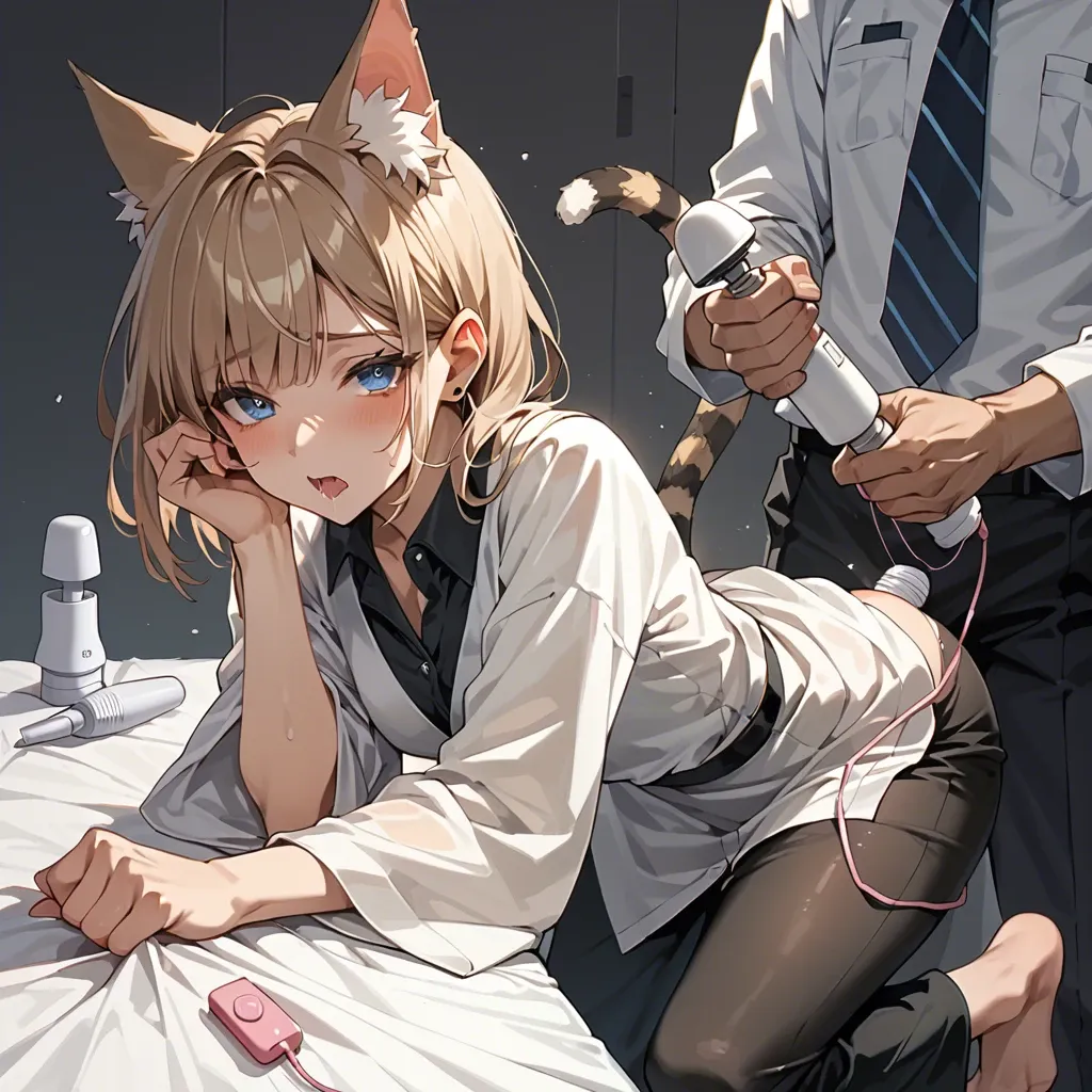 cute anime teen girl The Egyptian Mau catgirl , light brown hair and striped tail, blue eyes, In a shirt and a scientist's robe, Black pants , He holds a Hitachi magic wand Vibrator in his hands