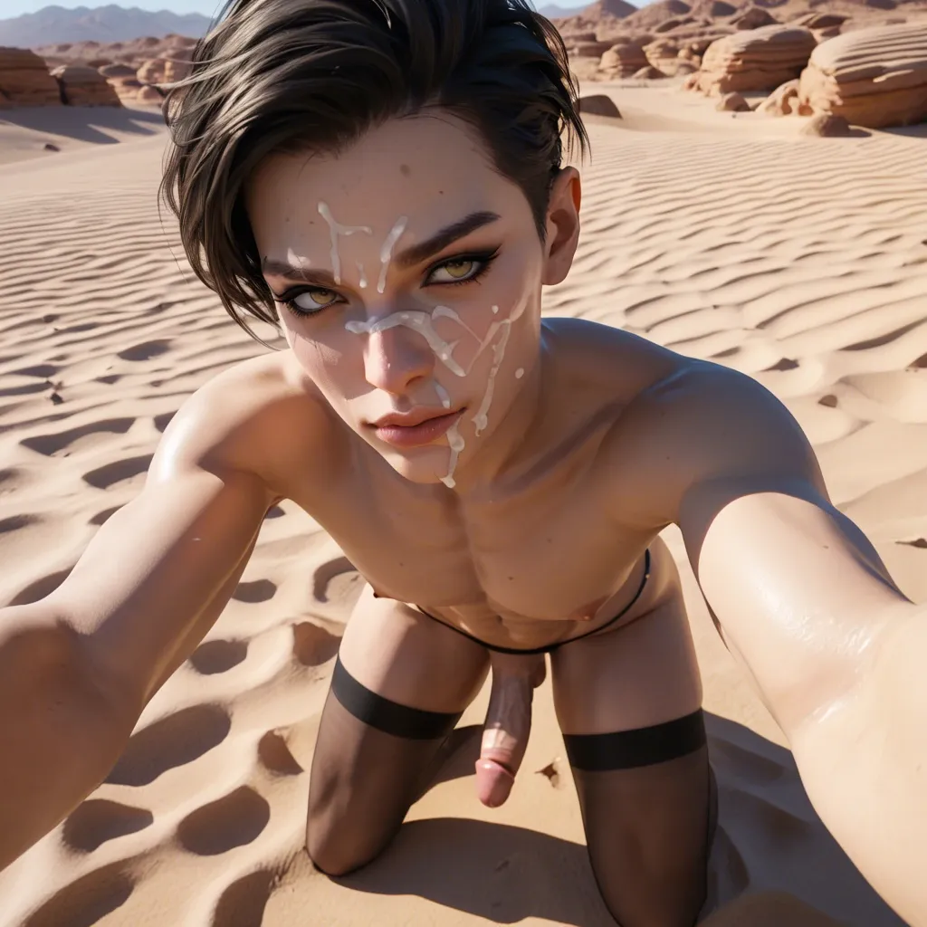 1boy, 1femboy,3d, adorable male, cute boy, hanging penis, on knees, thick thong, thighs thighhighs,rubberized, facial, surrounded by penises, desert, high angle selfie, defined body,abs