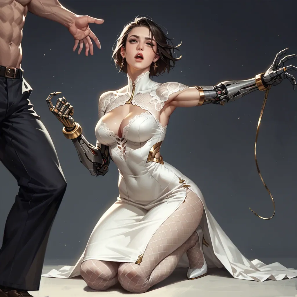 1girl,1boy, , , , sharp jawline,mechanical arm,cleavage cutout,reaching back,wide shoulders, detailed irises,handles,perky boobs,very wide hips,kneeling slut, long dress,lace tights,gold bracelets,string bodysuit,brown boots, battlefield, tavern setting, holding dildo, holding dildo, detailed fur, dimmed lights, princess peach, rapunzel waifu