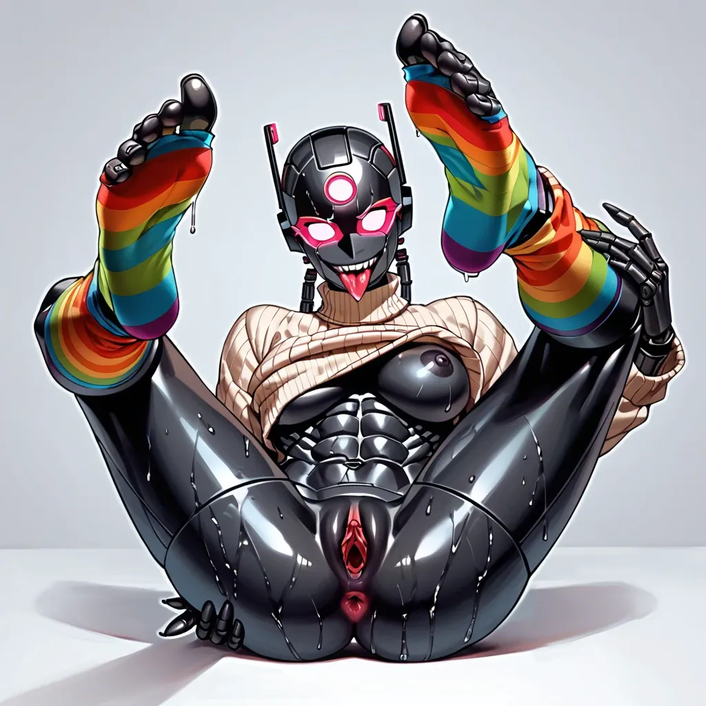 black robot girl with pink, robot face, pumped-up abs,lay on bad, sweater, rainbow socks, legs up, footfetish, visible tongue, wet, sharp fingers, smile, hold his ass