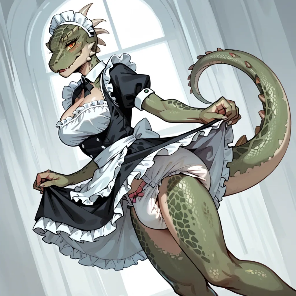 Lusty argonian, maid costume, thick full diaper, cute, skirt lift